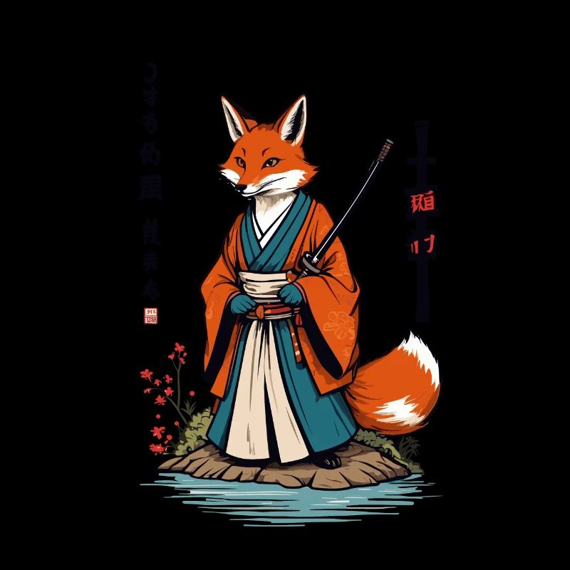 Kitsune Samouraï Renard Style Ukiyo-e Vintage