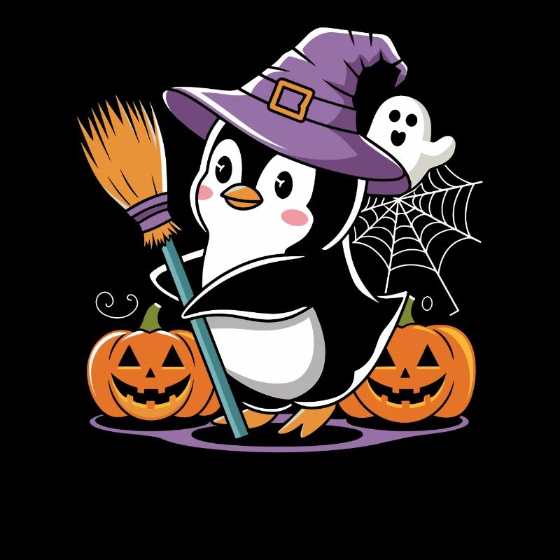 Penguin Halloween Witch with Pumpkins and Ghosts