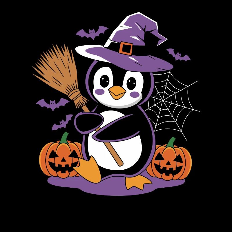 Penguin Halloween Witch with Pumpkins and Broom