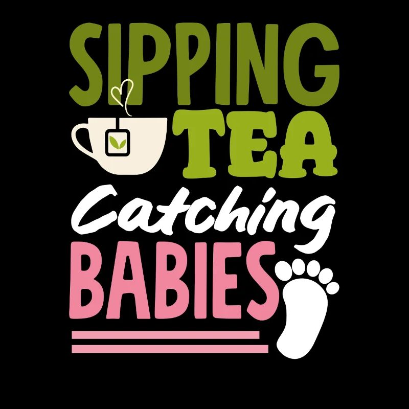 Hebamme Sipping Tea Catching Babies
