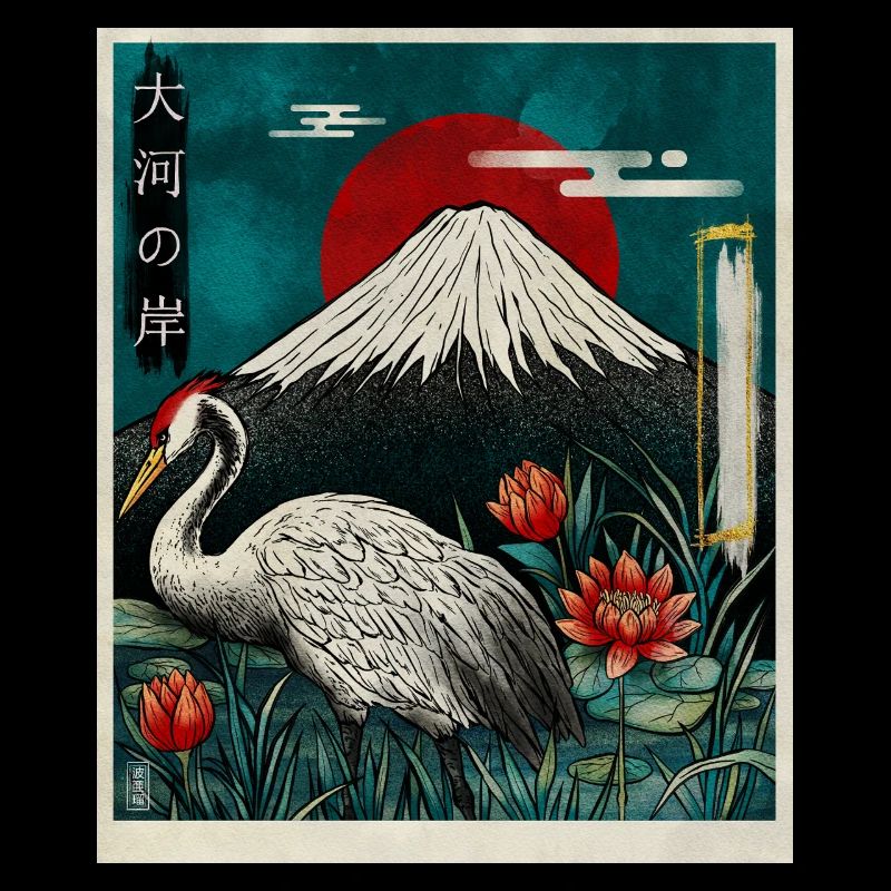 Red Crowned Crane and Mount Fuji