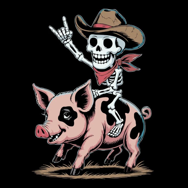 Skeleton cowboy rides pig