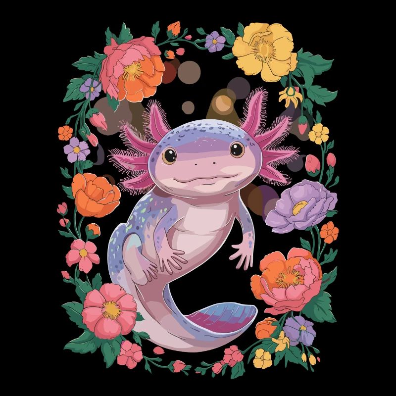 Axolotl surrounded by flowers