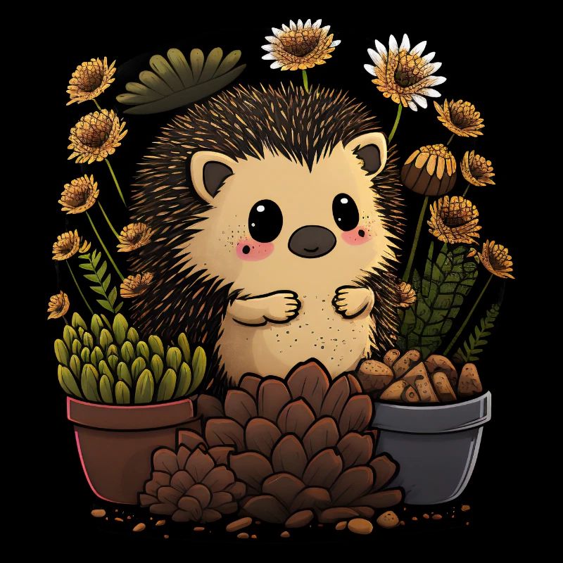 Petit hérisson, pot de fleur, cactus, fleurs, jardin