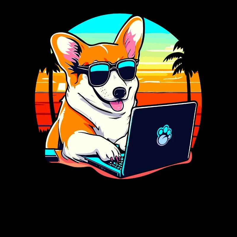Cool Corgi Dog with Laptop and Sunset