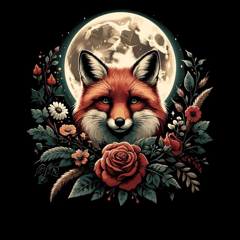 Cottagecore Fox Full Moon Floral Nature