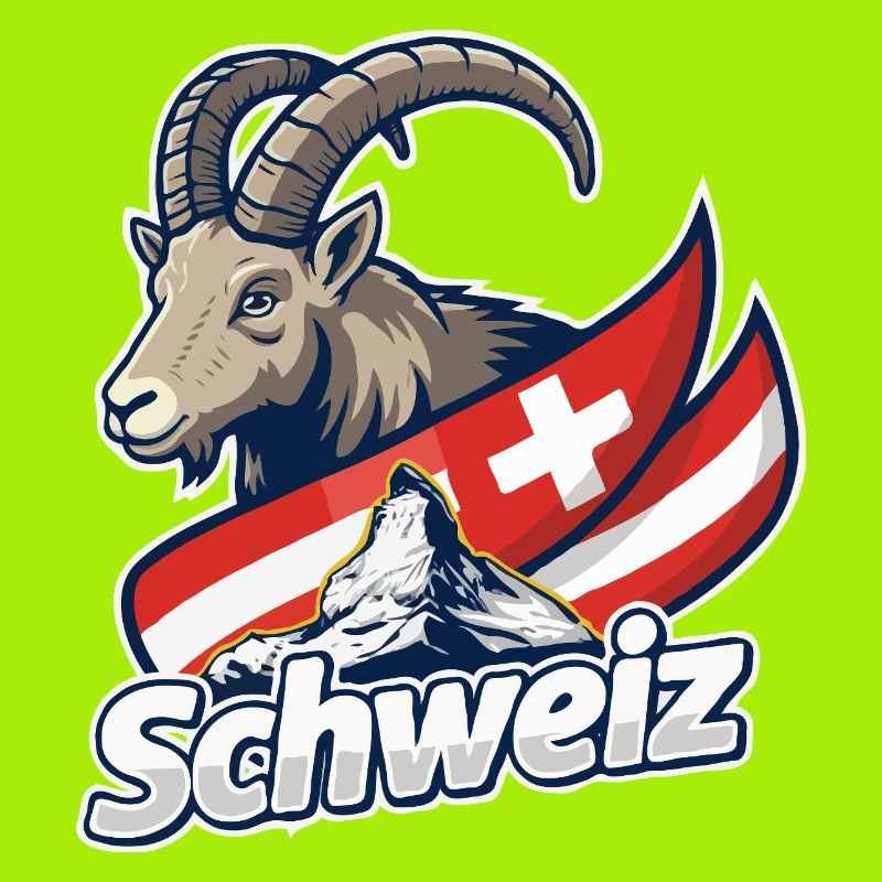 Alpensteinbock mit Schweizer Flagge