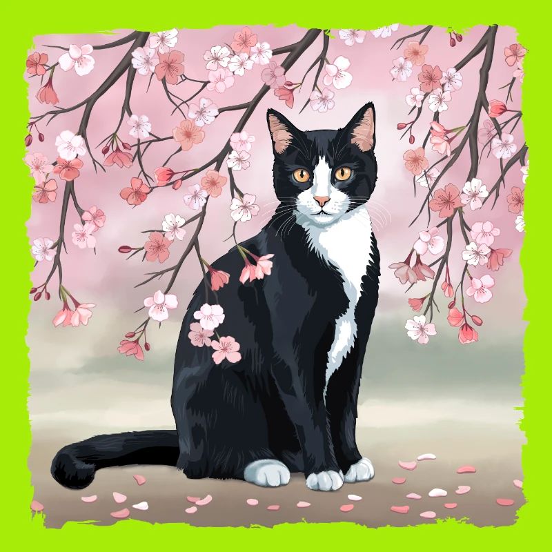 Kirschblüten-Katze: Rosa-Blüten, Schwarze Katze