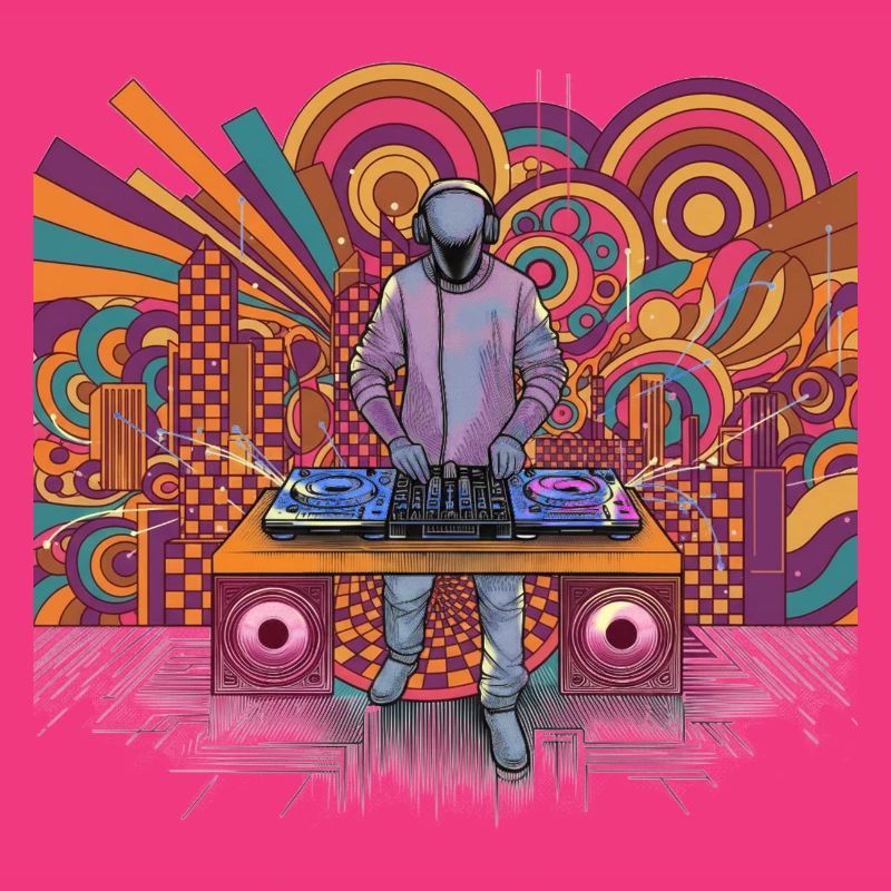 Futuristic DJ in a psychedelic background