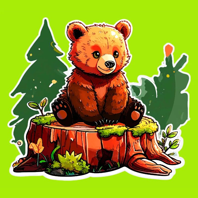 A little bear perched on a tree stump