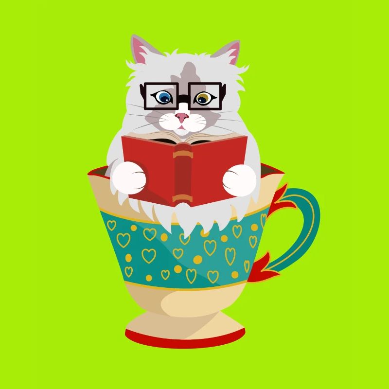 Niedliche Ragdoll-Katze, die ein Buch in einer Kaffeetasse liest
