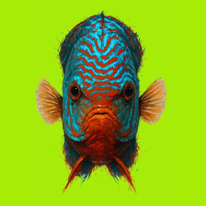 Blauer und oranger Diskusfisch mit intensiven Augen