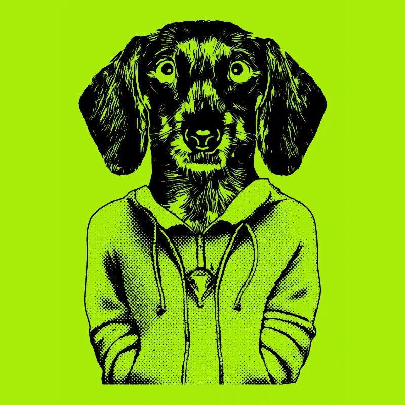Chiot teckel comique en sweat à capuche, avec un look fidèle.