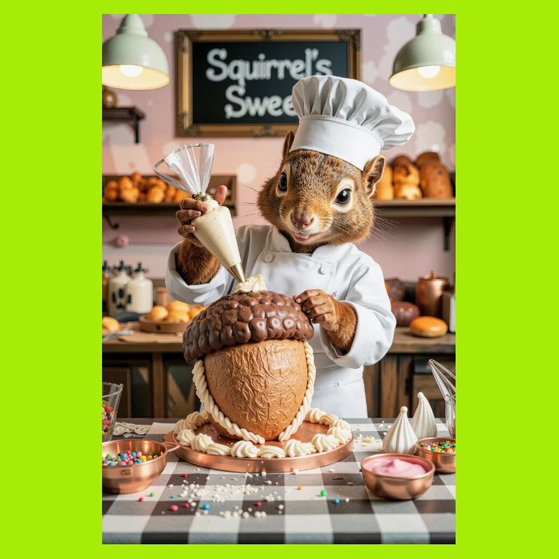 Chef écureuil humanoïde avec gâteau au chocolat