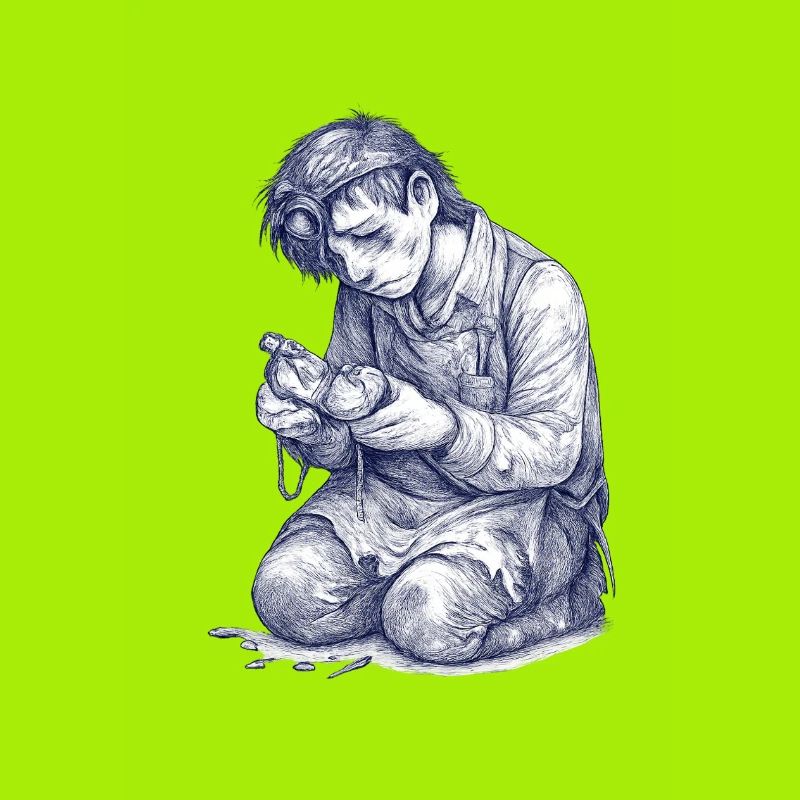 Kneeling Craftsman | Hand Painted Drawing