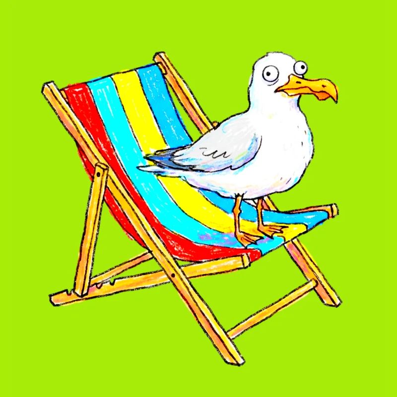 Seemöwe auf buntem Strandstuhl