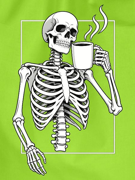 Skelett mit Morgenkaffee