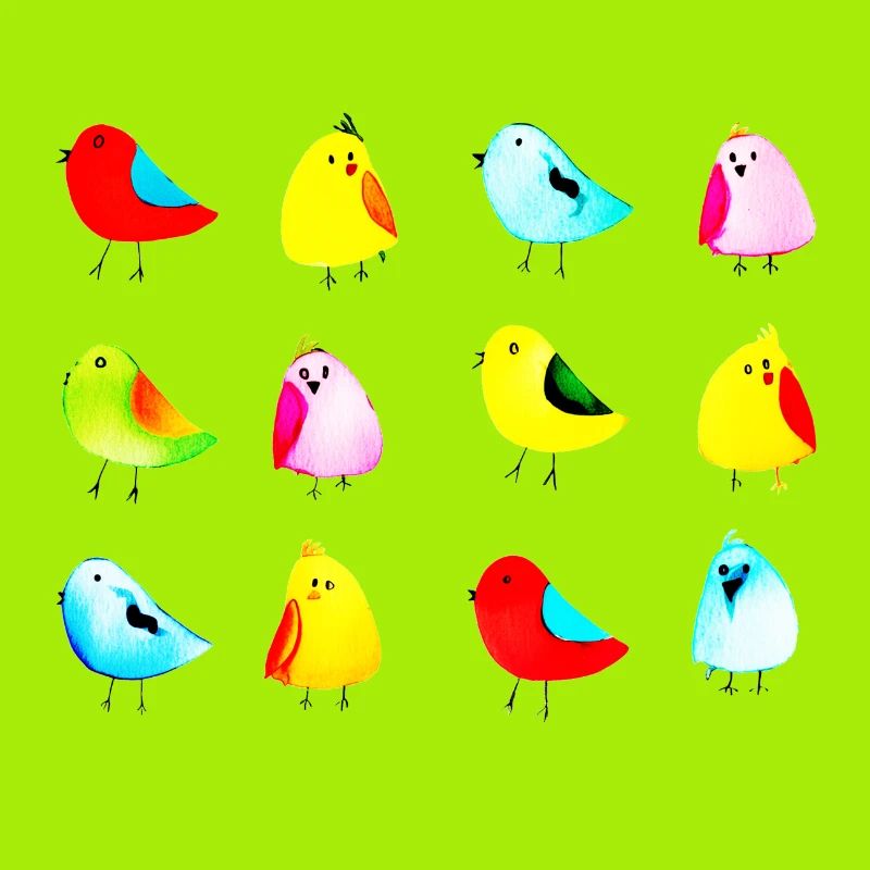 Many colorful birds arranged in rectangular shape