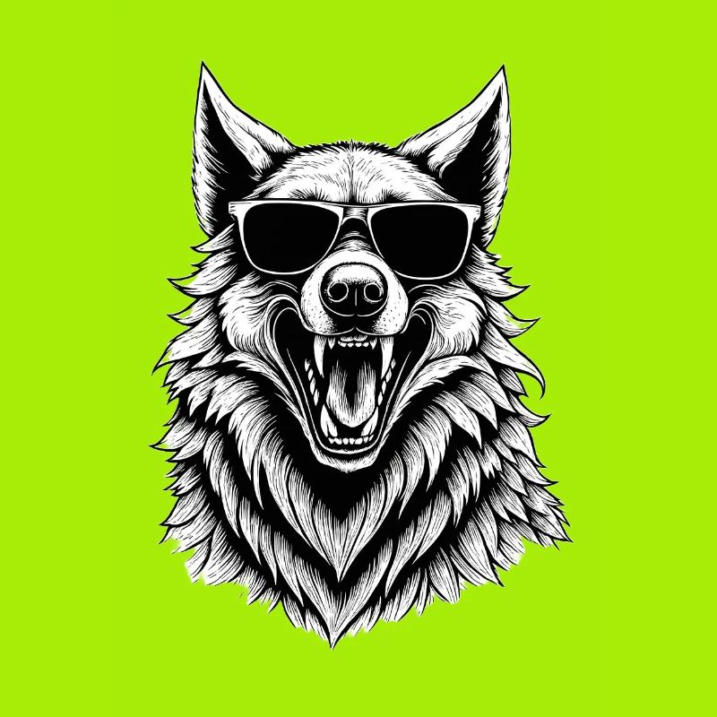 lachender Wolf mit Sonnenbrille