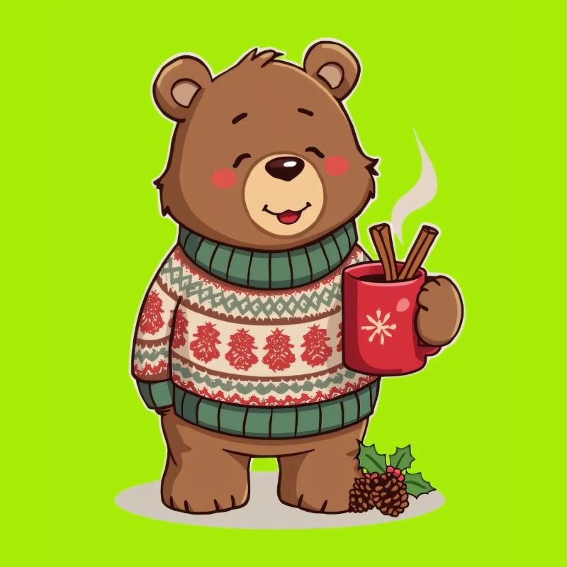 Winter bear with tea and cinnamon sticks