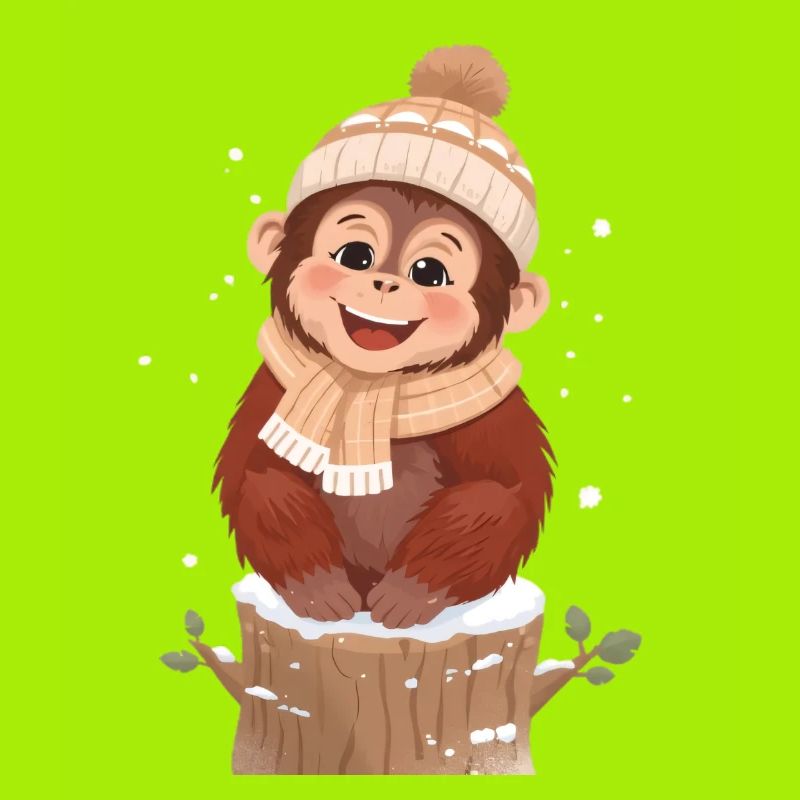 Winter monkey on tree stump