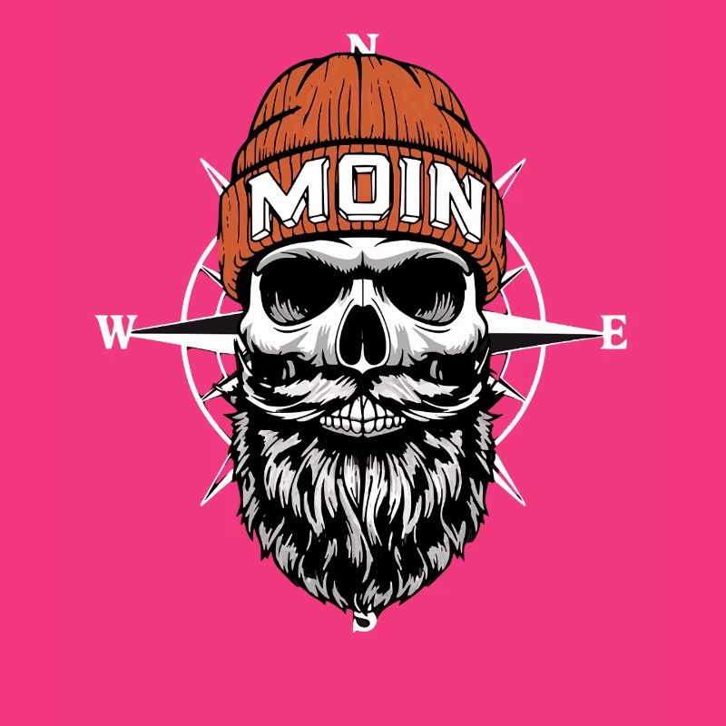 North German Biker Skull with Beard & Wind Rose Moin