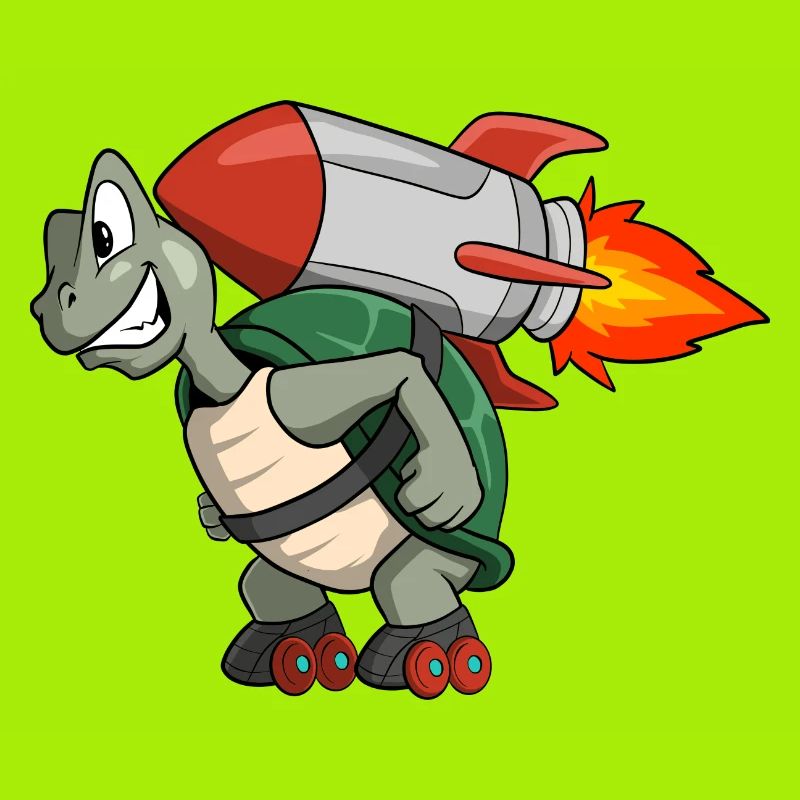 Cute turtle with roller skate and rocket backpack