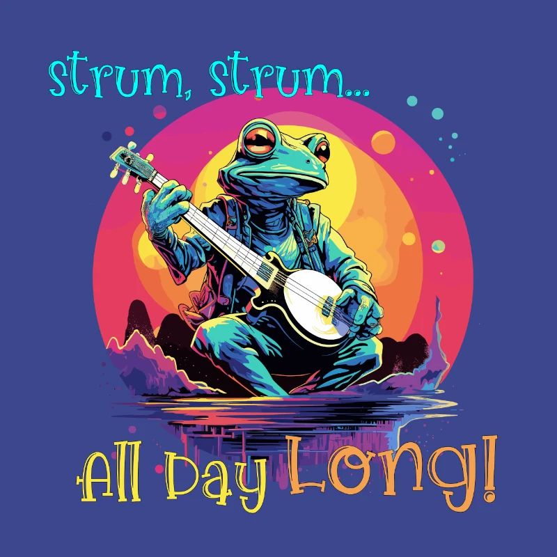 Frog plays banjo, strumm, clank all day long