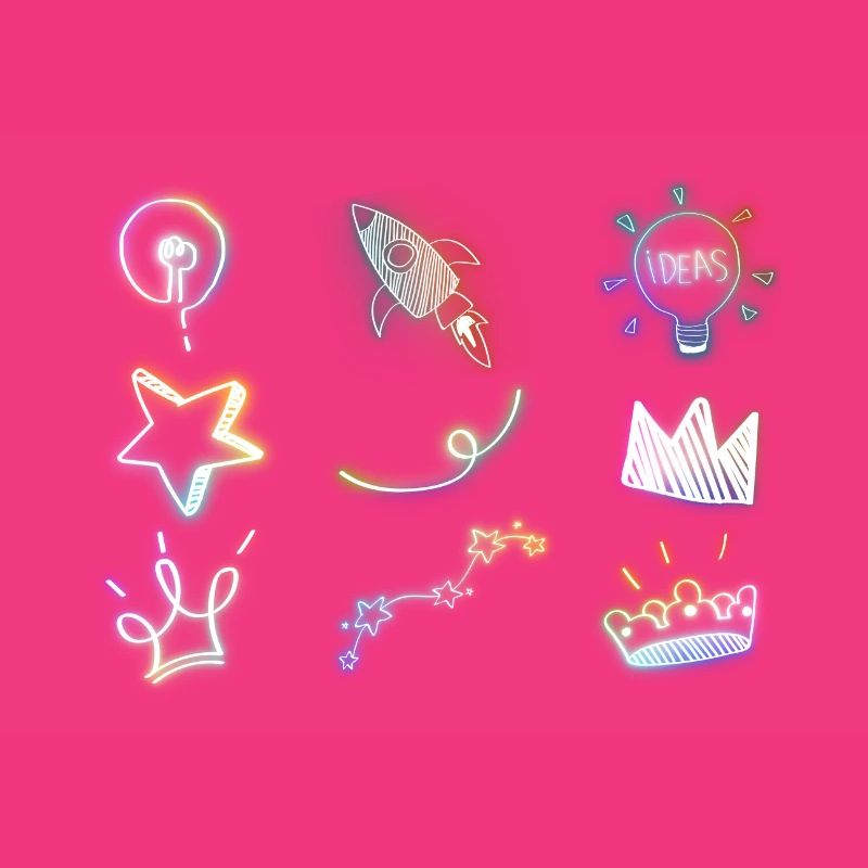 Rainbow doodle glow neon icon element set