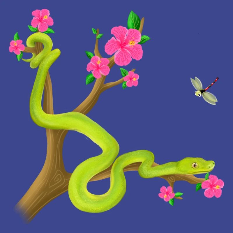 Le serpent Python vert sur l’arbre avec des fleurs