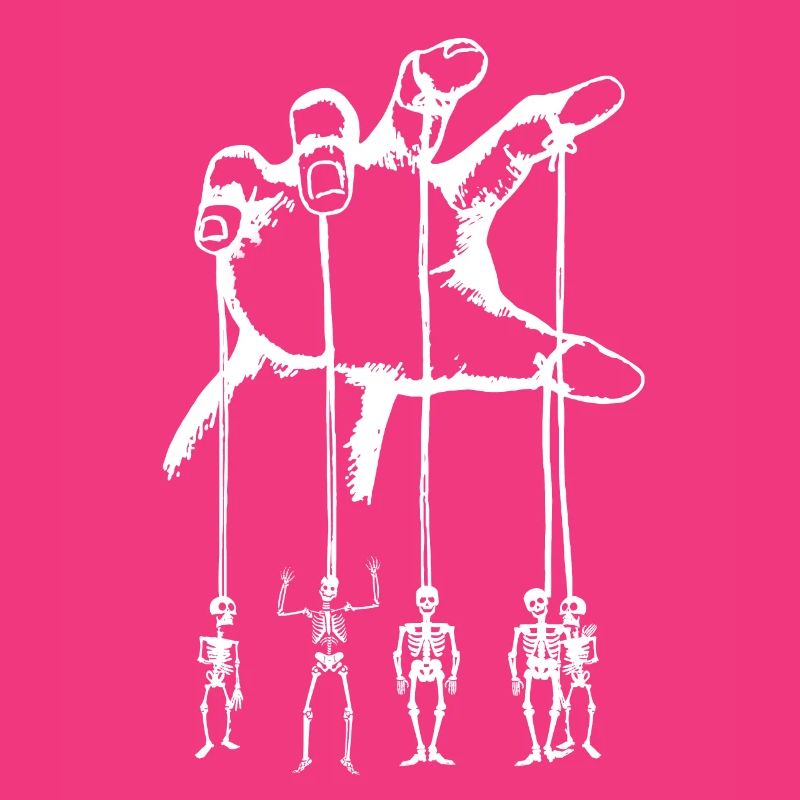 Skeleton marionettes on a hand pulling string over white