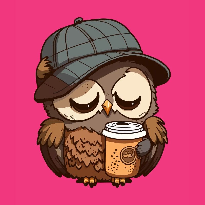 Müde Eule mit einem Kaffeebecher