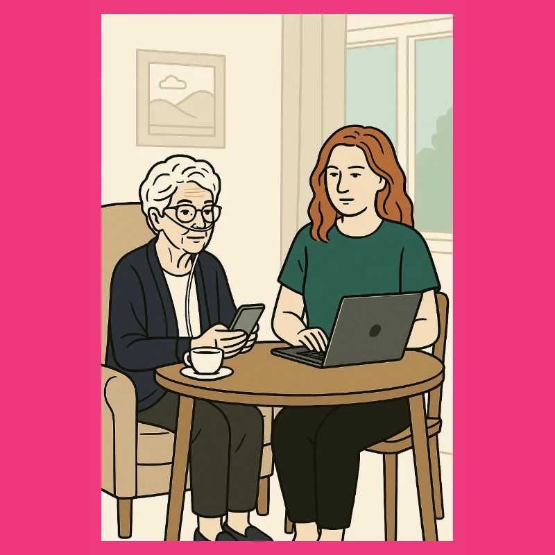 Generationen am Tisch mit Technik
