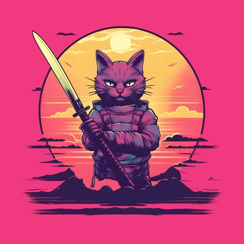 Synthwave samurai Cat sunset
