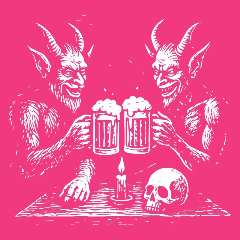 Two devils are drinking beer in the pub Inferno