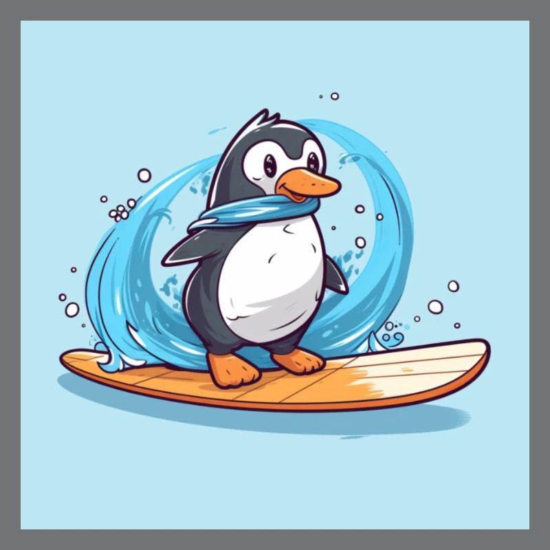 Pingouin de surf mignon sur une planche de surf