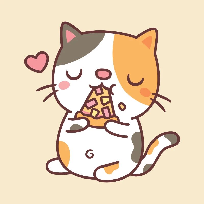 Mignon Calico Cat Mangeant Pizza