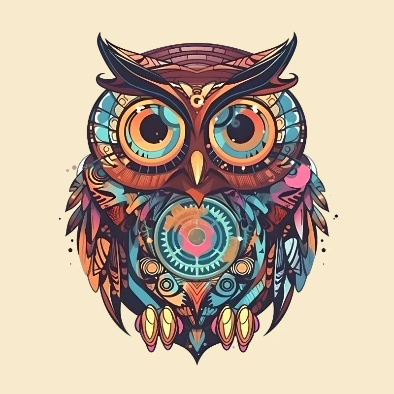 Cute owl with clockwork, comic style, geometric