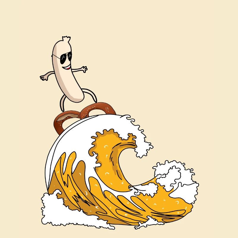 Weißwurst surfs beer wave with pretzel - Bavaria