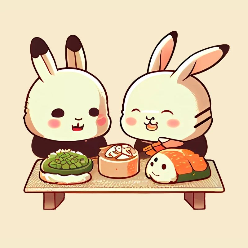 De mignons lapins comiques mangent des sushis ensemble