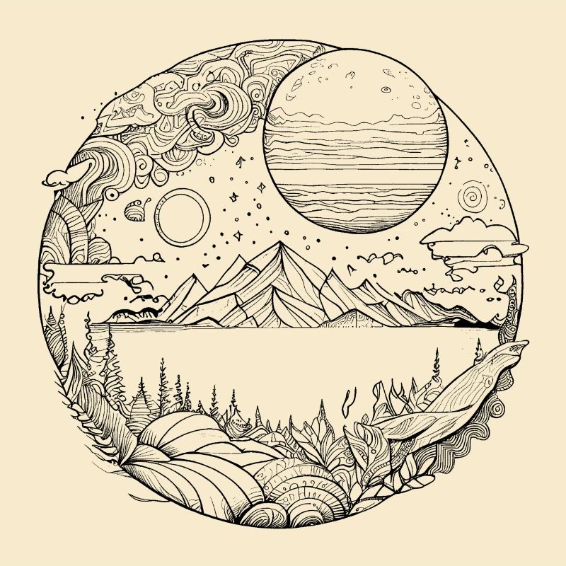 Psychedelic landscape as fine line graphics