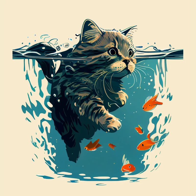 Chat nageur avec poisson rouge