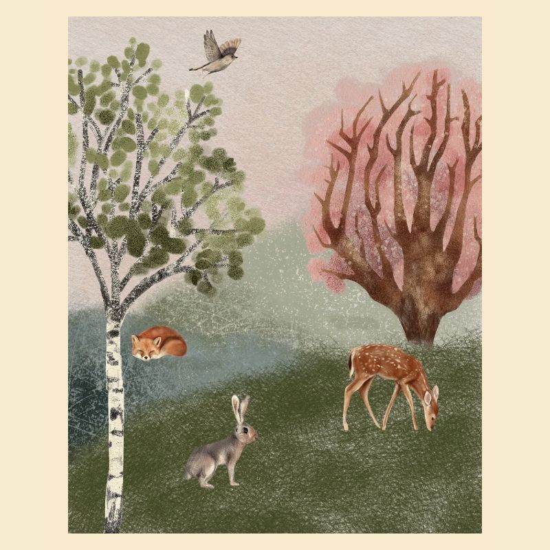 Waldfuchs, Hirsch und Vogel