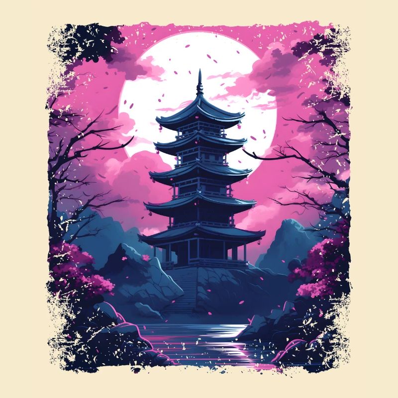 Sakura Kirschblütenbaum in einem Tempel Vaporwave