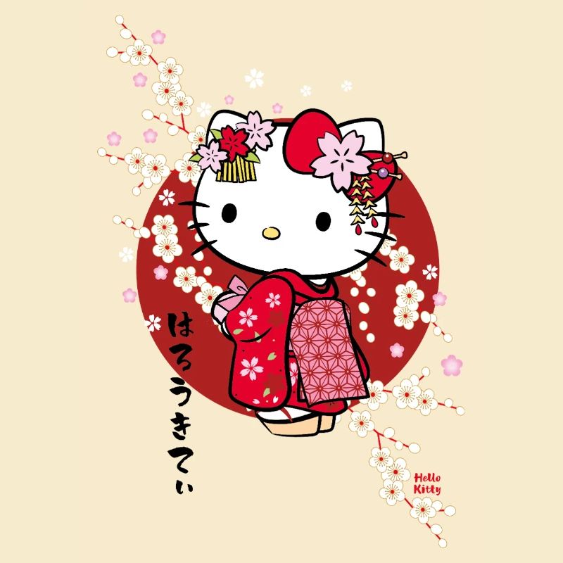 Hello Kitty In A Red Kimono And Cherry Blossoms