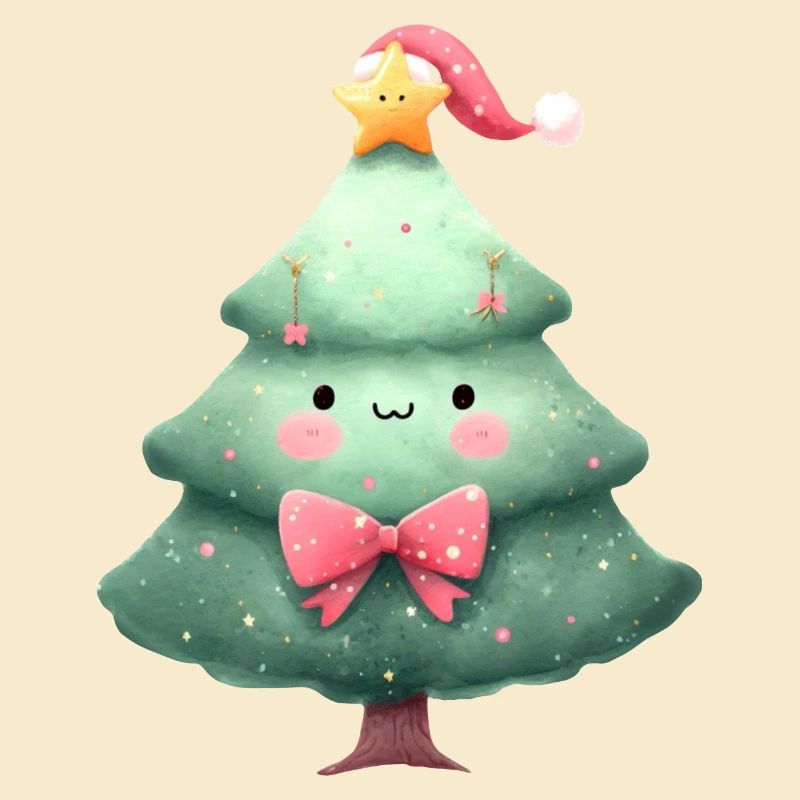 Cute Christmas tree with hat and bow