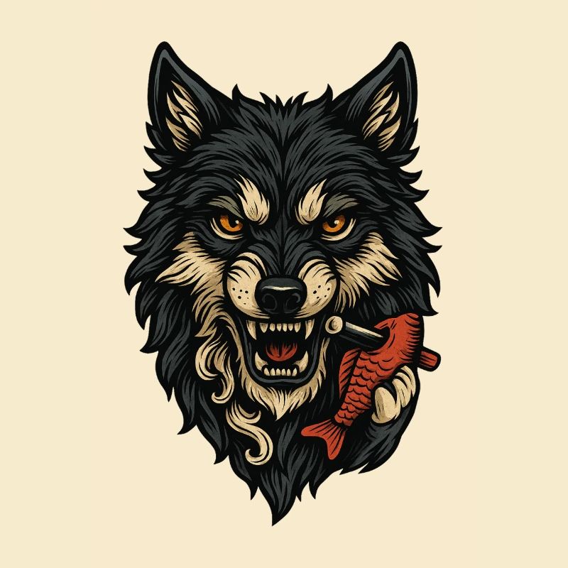 Wild wolf face with bone