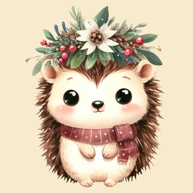Niedlicher Igel mit Schal und Weihnachtskrone