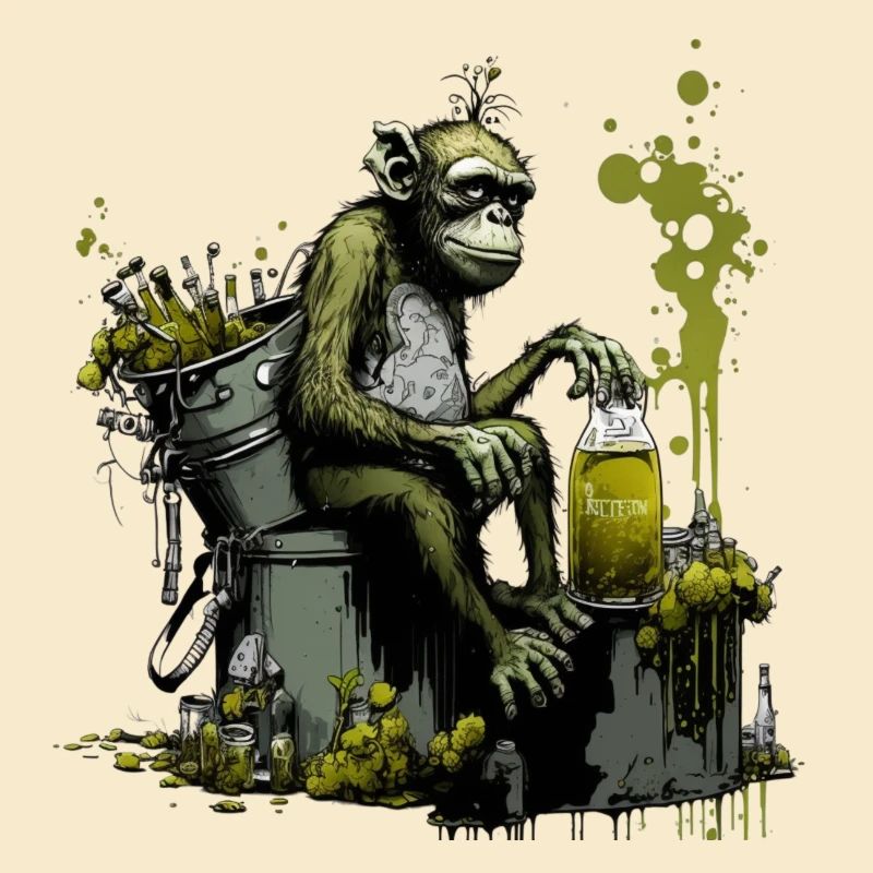 Chimpanzés devant la bouilloire de brassage, front spécial