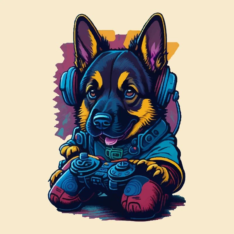 German Shepherd puppy plays with game control
